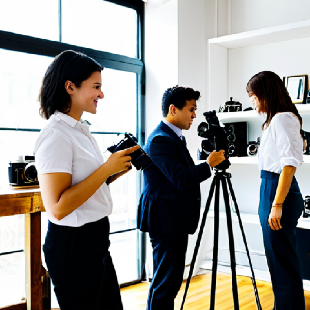 Small Business Success**

"A bright and airy photography studio interior, owned by a young entrepreneur. She is fully clothed in professional attire, assisting a client with a camera. Antique cameras are displayed on shelves. Natural light streaming through large windows. Safe for work, appropriate content, professional environment, perfect anatomy, well-formed hands, proper finger count, natural body proportions, fully clothed."

**