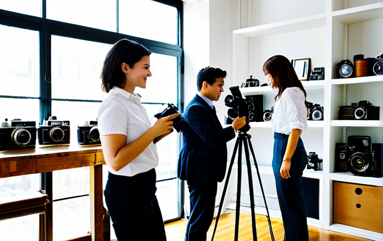 Small Business Success**

"A bright and airy photography studio interior, owned by a young entrepreneur. She is fully clothed in professional attire, assisting a client with a camera. Antique cameras are displayed on shelves. Natural light streaming through large windows. Safe for work, appropriate content, professional environment, perfect anatomy, well-formed hands, proper finger count, natural body proportions, fully clothed."

**