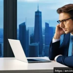 Home 18 PP 대출 투자에서의 감정적 요인 - A professional investor sitting at a modern office desk, looking anxious and stressed while reviewin...